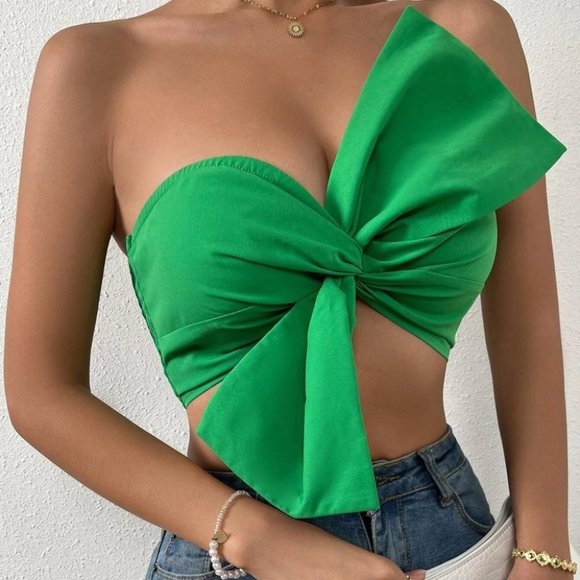 Girly Bow Cropped Top Shirt Green - Picture 2 of 5